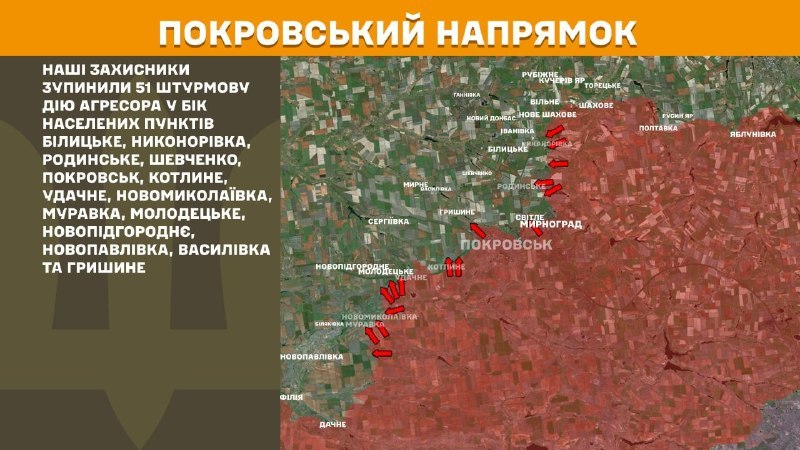 At Pokrovsk direction clashes yesterday near Bilytske, Nykonorivka, Rodynske, Shevchenko, Pokrovsk, Kotlyne, Udachne, Novomykolayivka, Muravka, Molodetske, Novopidhorodnye, Novopavlivka, Vasylivka and Hryshyne, - General Staff of Armed Forces of Ukraine reports