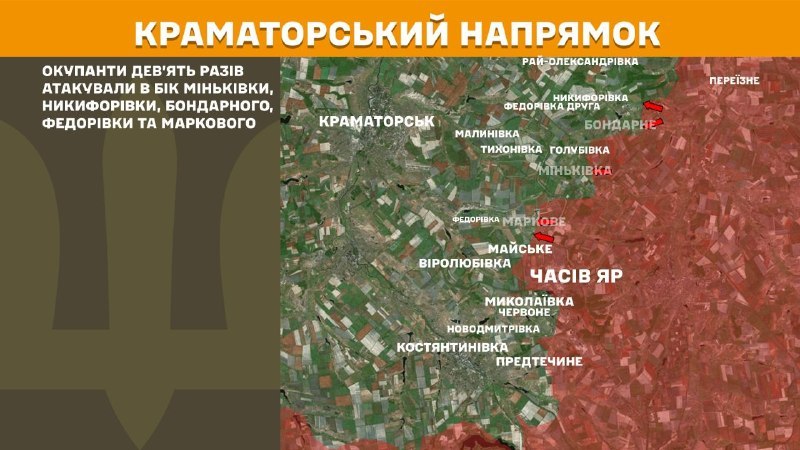 На Краматорському напрямку вчора тривали бої поблизу Мінківки, Никифорівки, Бондарного, Федорівки та Маркового, – повідомляє Генеральний штаб Збройних сил України