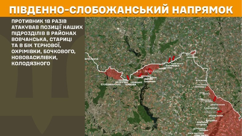 Na Południowym Słobożańskim (Charków) doszło wczoraj do starć kierunków w pobliżu Wowczańska, Staricy i w kierunku Ternowej, Ochrimiwki, Boczkowa, Nowowasyliwki, Kołodiazne, - podaje Sztab Generalny Sił Zbrojnych Ukrainy