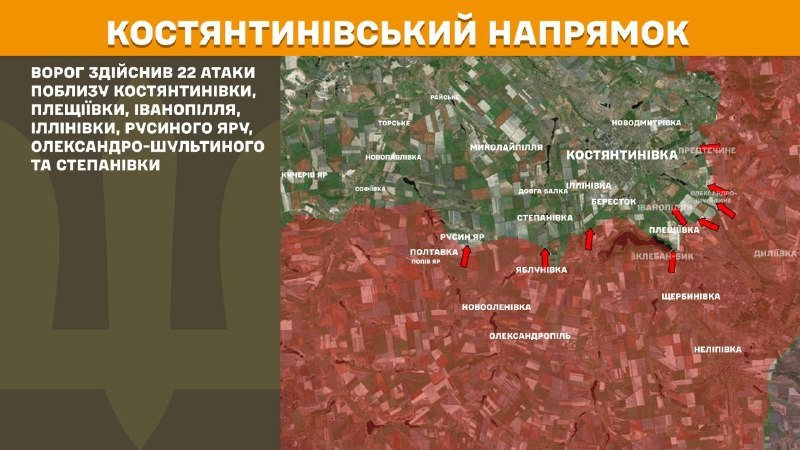 Wczoraj w Kostiantyniwce doszło do starć kierowniczych w okolicach Kostyantynówki, Plesczyjówki, Iwanopilli, Illiniwki, Rusina Jaru, Oleksandro-Szultyne i Stepaniwki – podaje Sztab Generalny Sił Zbrojnych Ukrainy.