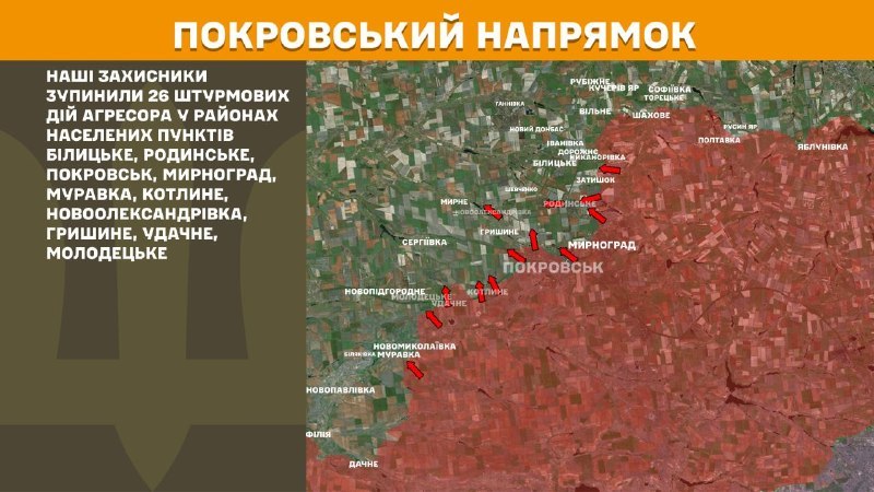 W kierunku Pokrowska doszło wczoraj do starć w okolicach Bilytske, Rodynske, Pokrovsk, Myrnohrad, Muravka, Kotlyne, Nowooleksandrivka, Hryshyne, Udachne, Molodetske, – podaje Sztab Generalny Sił Zbrojnych Ukrainy
