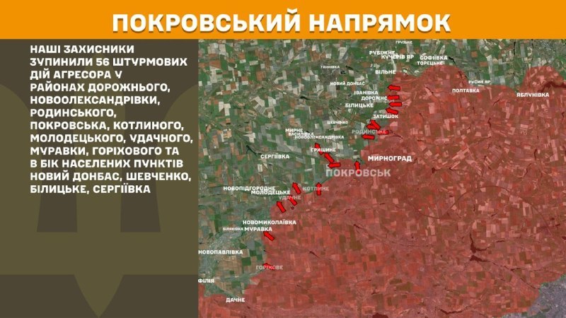 Hier, à Pokrovsk, des affrontements se sont produits près de Dorozhne, Novooleksandrivka, Rodynske, Pokrovsk, Kotlyne, Molodetske, Udachne, Muravka, Horikhove et en direction de Novyy Donbass, Shevchenko, Bilytske, Serhiyivka, - rapporte l'état-major général des forces armées d'Ukraine.