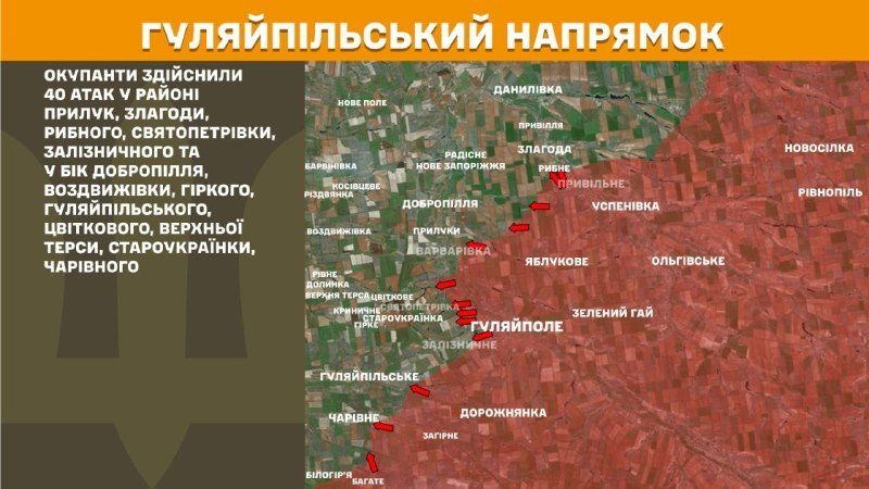 Hier, à Huliaipole, des affrontements se sont produits près de Pryluky, Zlahoda, Rybne, Svyatopetrivka, Zaliznychne et en direction de Dobropillya, Vozdvyzhivka, Hirke, Huliaipilske, Tsvitkove, Verkhna Tersa, Staroukrayinka, Charivne, - rapporte l'état-major général des forces armées d'Ukraine.