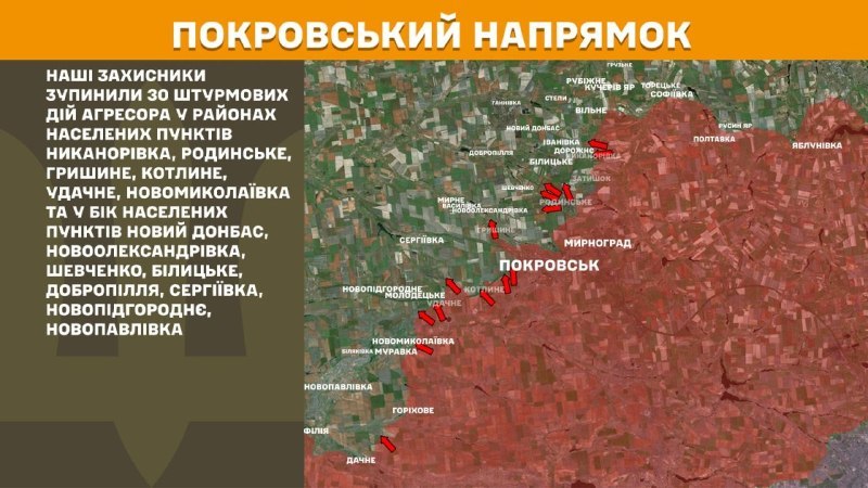 Hier, à Pokrovsk, des affrontements se sont produits près de Nykanorivka, Rodynske, Hryshyne, Kotlyne, Udachne, Novomykolayivka et en direction de Novyy Donbas, Novooleksandrivka, Shevchenko, Bilytske, Dobropillya, Serhiyivka, Novopidhorodnye, Novopavlivka, - rapporte l'état-major général des forces armées d'Ukraine.