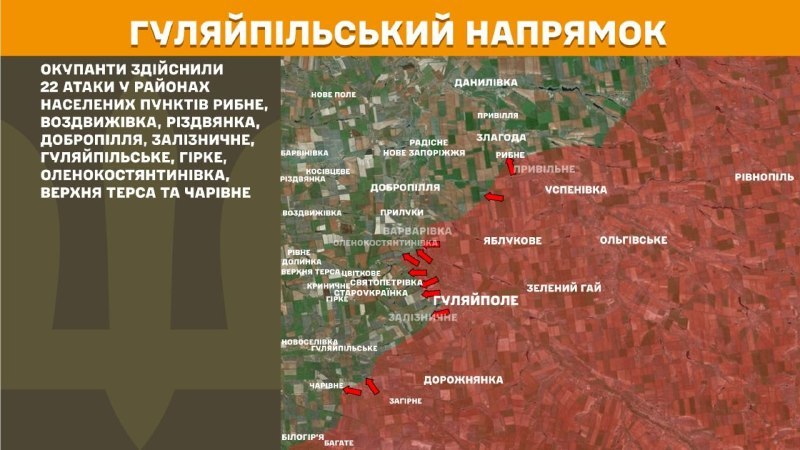 Hier, à Huliaipole, des affrontements se sont produits près de Rybne, Vozdvyzhivka, Rizdvyanka, Dobropillya, Zaliznychne, Huliaipilske, Hirke, Olenokostyantynivka, Verkhnya Tersa et Charivne, - rapporte l'état-major général des forces armées d'Ukraine.