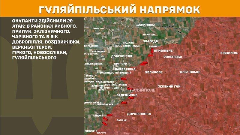 Hier, à Huliaipole, des affrontements se sont produits près de Rybne, Pryluky, Zaliznychne, Charivne et en direction de Dobropillya, Vozdvyzhivka, Verkhna Tersa, Hirke, Novoselivka, Huliaipilske, - rapporte l'état-major général des forces armées d'Ukraine.