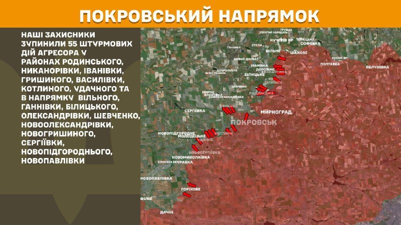 Hier, à Pokrovsk, des affrontements se sont produits près de Rodynske, Nykanorivka, Ivanivka, Hryshyne, Vasylivka, Kotlyne, Udachne et en direction de Vilne, Hannivka, Bilytske, Oleksandrivka, Shevchenko, Novooleksandrivka, Novohryshyne, Serhiyivka, Novopidhorodne, Novopavlivka, - rapporte l'état-major général des forces armées d'Ukraine.