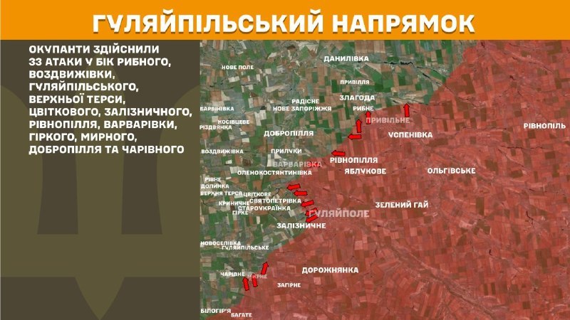 Hier, à Huliaipole, des affrontements se sont produits près de Rybne, Vozdvyzhivka, Huliaipilske, Verkhna Tersa, Tsvitkove, Zaliznychne, Rivnopillya, Varvarivka, Hirke, Myrne, Dobropillya et Charivne, rapporte l'état-major général des forces armées ukrainiennes.