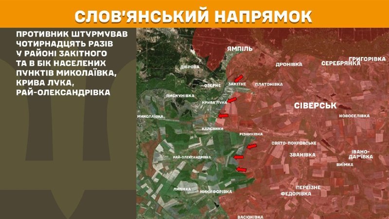 Hier, en direction de Sloviansk, des affrontements se sont produits près de Zakitne et en direction de Mykolayivka, Kryva Luka, Ray-Oleksandrivka, - rapporte l'état-major général des forces armées d'Ukraine.
