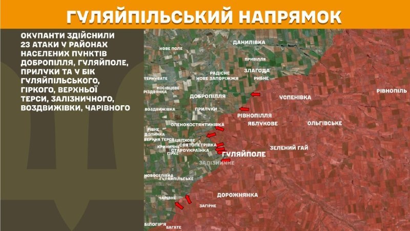 Hier, à Huliaipole, des affrontements se sont produits près de Dobropillya, Huliaipole, Pryluky et en direction de Huliaipilske, Hirke, Verkhna Tersa, Zaliznychne, Vozdvyzhivka, Charivne, - rapporte l'état-major général des forces armées d'Ukraine.