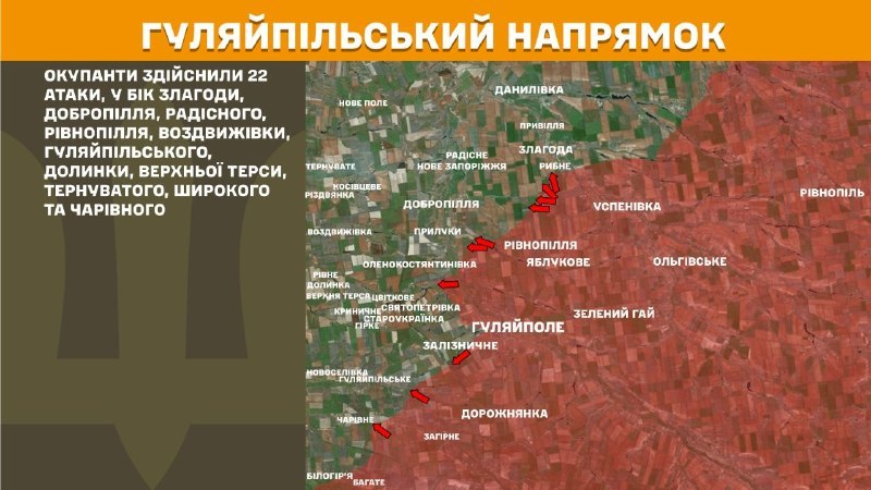 Hier, à Huliaipole, des affrontements se sont produits près de Zlahoda, Dobropillya, Radisne, Rivnopillya, Vozdvyzhivka, Huliaipilske, Dolynka, Verkhna Tersa, Ternuvate, Shyroke et Charivne, rapporte l'état-major général des forces armées d'Ukraine.
