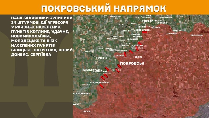 На Покровском направлении вчера произошли боестолкновения в районе Котлино, Удачное, Новониколаевки, Молодецкое и в направлении Белицкого, Шевченко, Нового Донбасса, Сергиевки, - сообщает Генштаб ВСУ.