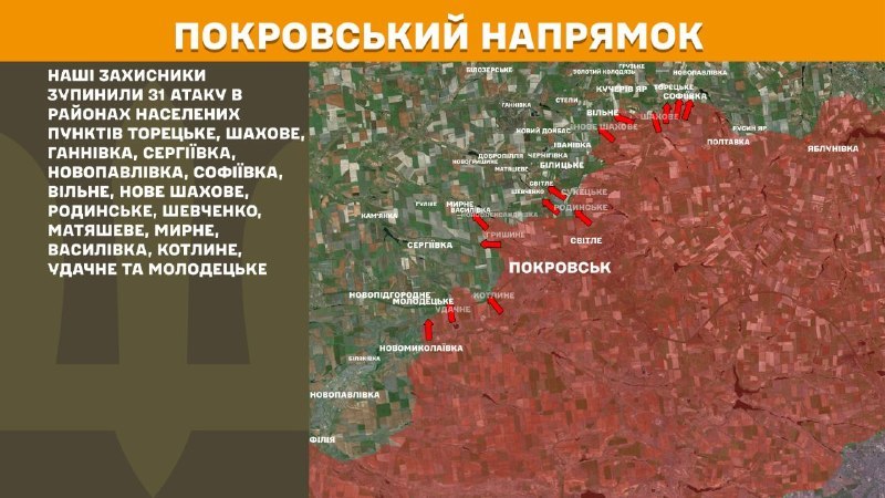 На Покровском направлении вчера произошли боестолкновения в районе Торецкого, Шахового, Ганновки, Сергиевки, Новопавловки, Софиевки, Вильного, Нового Шахово, Родинского, Шевченко, Матяшево, Мирного, Васильевки, Котлино, Удачного и Молодецкого, - сообщает Генеральный штаб ВСУ.