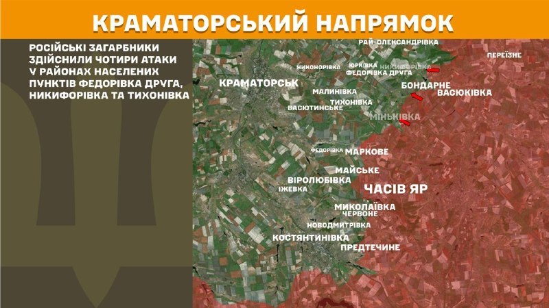 На Краматорском направлении вчера произошли боестолкновения в районе Федоровки-Другой, Никифоровки, Тихоновки, - сообщает Генштаб ВСУ.