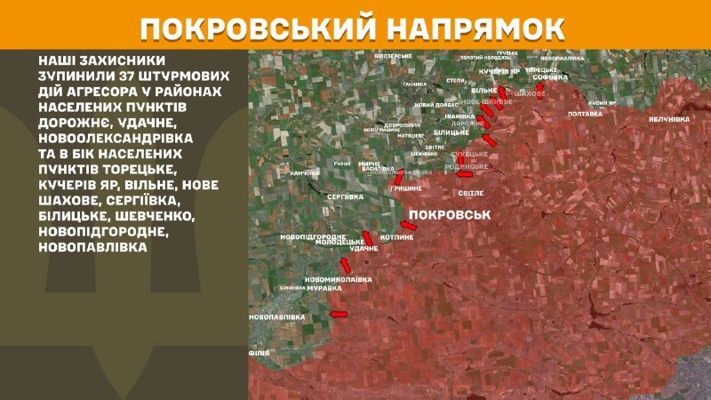 На Покровском направлении вчера произошли боестолкновения в районе Дорожного, Удачного, Новоалександровки и в направлении Торецкое, Кучеров Яр, Вильное, Новое Шахово, Сергиевка, Белицкое, Шевченко, Новопидгороднее, Новопавловка, - сообщает Генштаб ВСУ.