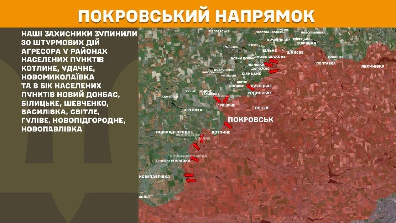 На Покровском направлении вчера произошли боестолкновения в районе Котлина, Удачного, Новониколаевки, Нового Донбасса, Белицкого, Шевченко, Васильевки, Светлого, Гуливе, Новопидгороднего, Новопавловки, - сообщает Генштаб ВСУ.