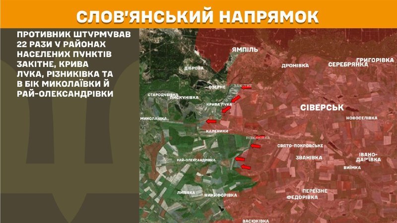 На Славянском направлении вчера произошли боестолкновения в районе Закитного, Кривой Луки, Резниковки, Николаевки, Рай-Александровки, - сообщает Генштаб ВСУ.