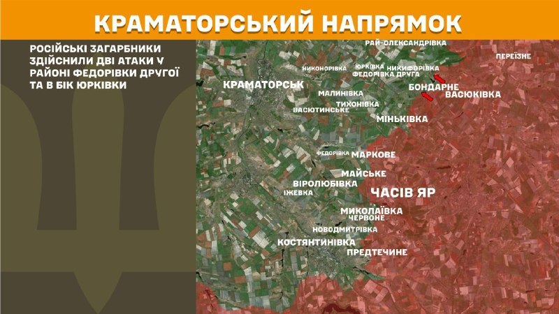 Вчера в районе Федоровки Второй и Юрковки на Краматорском направлении произошли столкновения, сообщает Генеральный штаб Вооруженных Сил Украины.