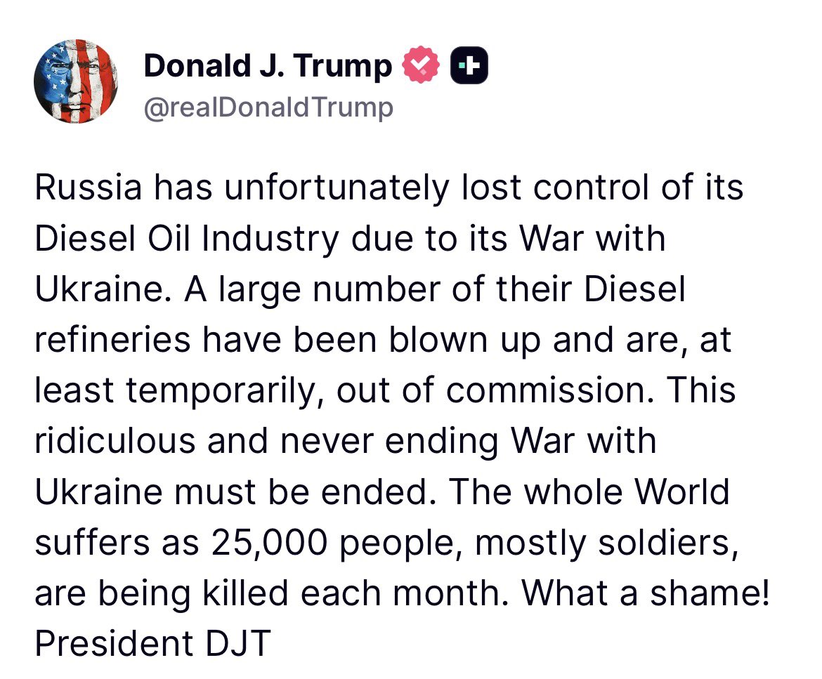 U.S. President Donald J. Trump made a post on his Truth Social app this morning highlighting Russian energy infrastructure losses during the war with Ukraine, adding that This ridiculous and never ending war with Ukraine must be ended