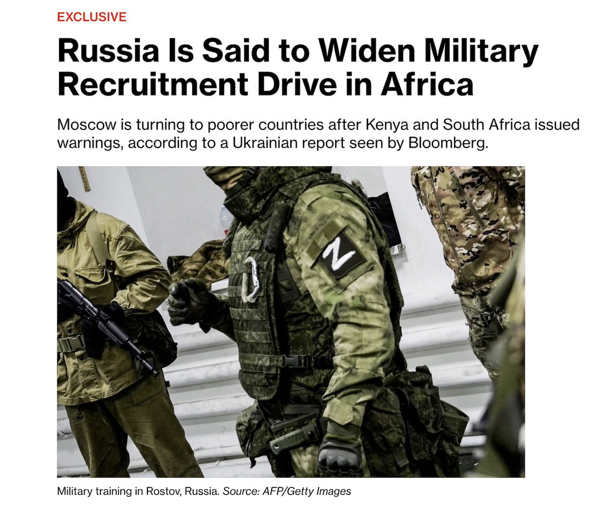 Russia is expanding military recruitment in some of Africa's poorest countries to offset heavy losses and manpower shortages in Ukraine, according to a Ukrainian intelligence report. Recruitment surged in Burundi (699 recruits, up from 30 in 2025) and Zimbabwe (530, up from 65), with increases also reported in Sierra Leone, Sudan, Cameroon and DR Congo. The shift follows warnings and objections from several African governments over recruitment practices, including false promises of civilian jobs. Ukraine says it has identified 45,959 foreigners from 151 countries who signed Russian military contracts, including 5,451 Africans. Source: Bloomberg